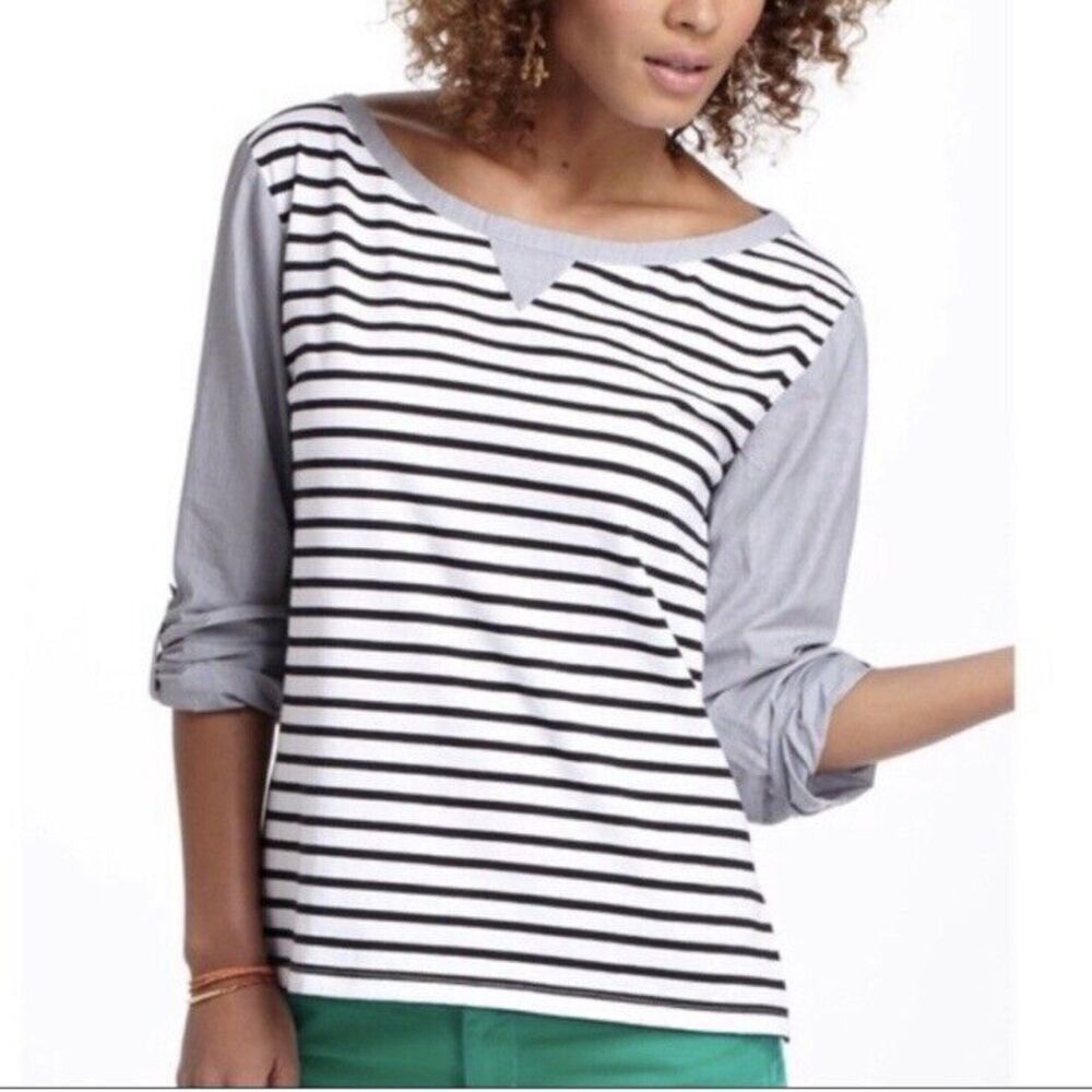 Postmark White Black Stripe Top Size XL Womens Blouse Roll Tab Anthropologie